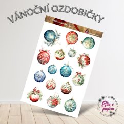 Aršík samolepek "Vánoční ozdobičky" s motivy elegantních baňek zdobených vzory, květinami a stuhami v klasických vánočních barvách.