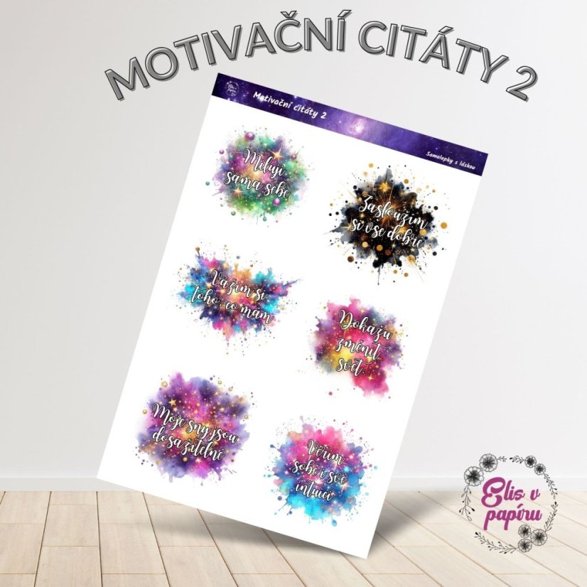 Motivační samolepky s inspirativními citáty a barevnými motivy pro diář, bujo a scrapbook. Dodají tvému plánování pozitivní energii a sebevědomí.