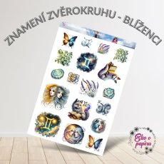 Arch samolepek inspirovaný znamením Blíženců – jemné dvojčata, hvězdy, knihy a květiny.