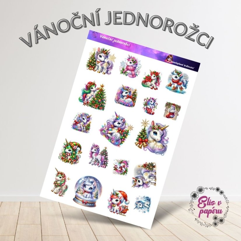 Aršík samolepek "Vánoční jednorožci" s motivy roztomilých jednorožců, vánočních stromků, dárků a pohádkové zimní atmosféry.