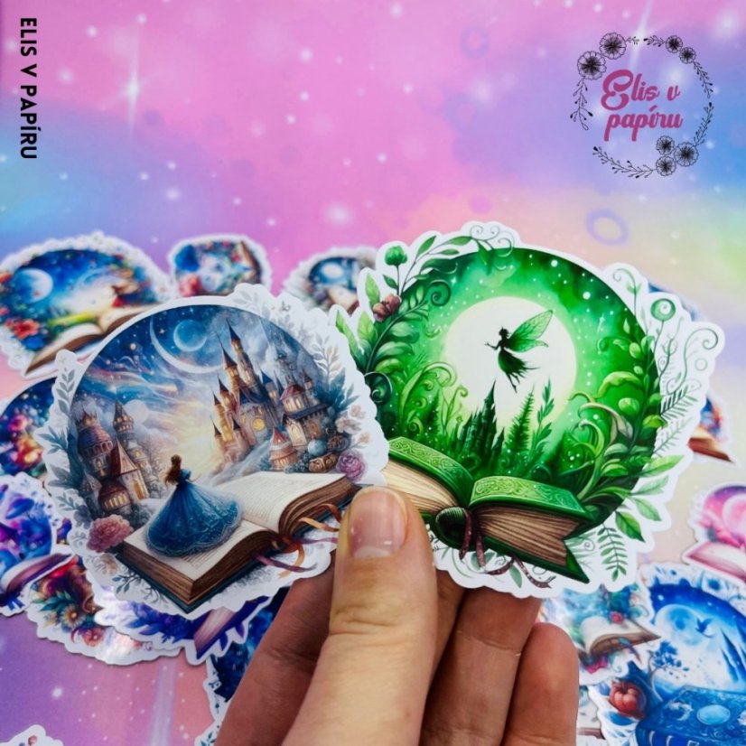 Velké kusové samolepky do diáře i na scrapbook s motivy knížek. magických knih a pohádek.