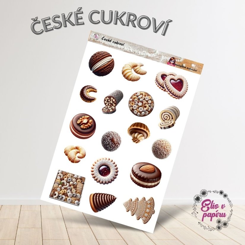 Aršík samolepek "České cukroví" s motivy tradičních vánočních dobrot, jako jsou linecká kolečka a rohlíčky, v jemných hřejivých tónech.