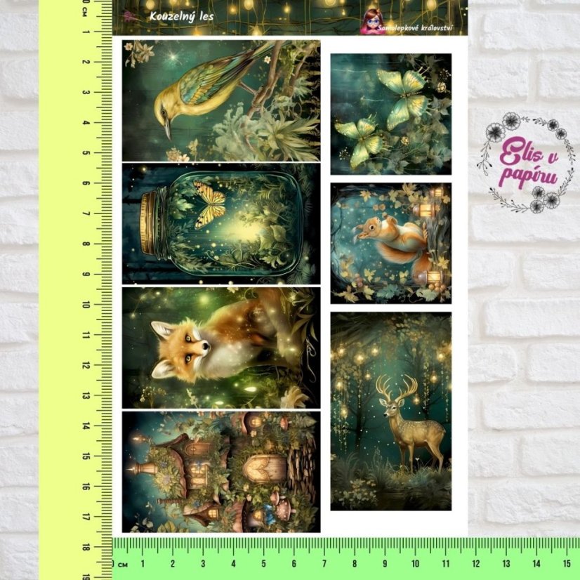 Samolepky s motivy kouzelného lesa – zářící světlušky, lišky, motýli, srnci a magická lesní světla, která navozují atmosféru tajemného lesa.