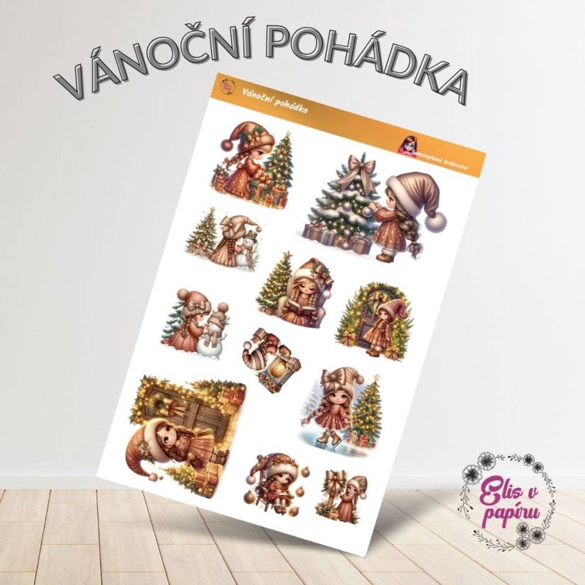 Aršík samolepek "Vánoční pohádka" s motivy roztomilých postav, vánočních stromků, světýlek a adventní atmosféry v teplých přírodních barvách.