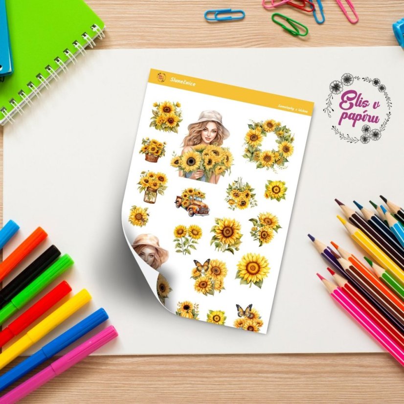 Samolepky do diáře s motivy slunečnic od Elis v papíru. Vhodné i na journaling nebo scrapbooking.