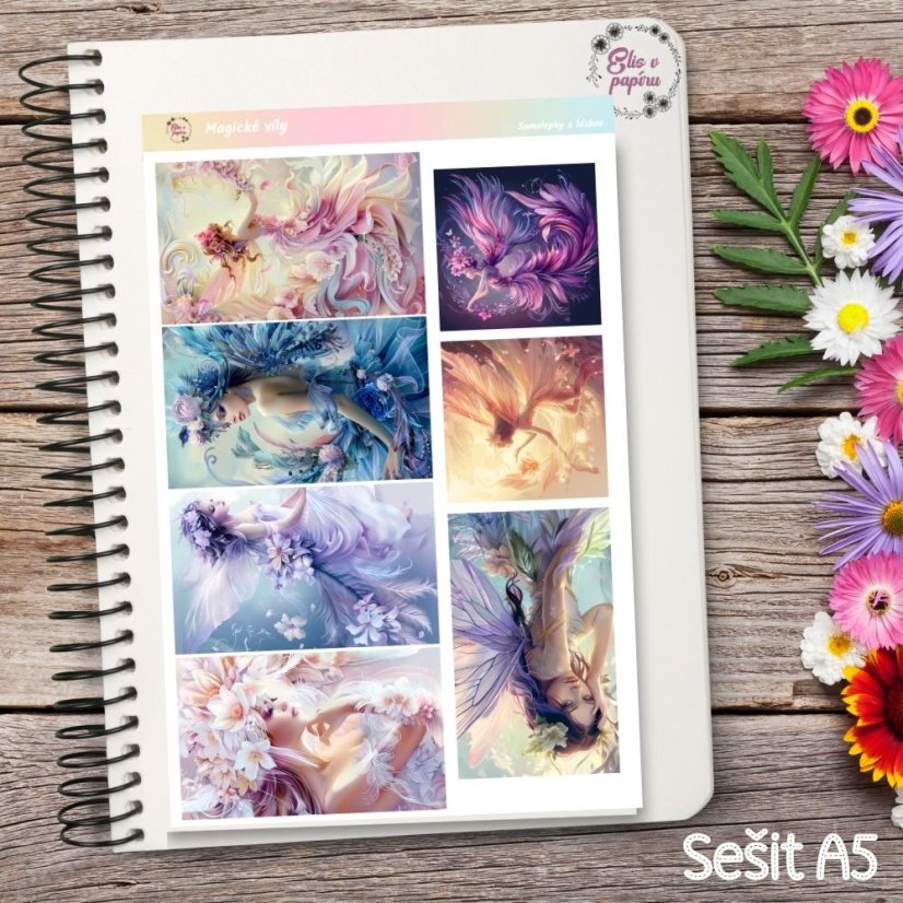 Samolepky Magické víly s jemnými pastelovými barvami růžové, fialové a modré, zobrazující fantasy víly, květiny a magické scenérie.