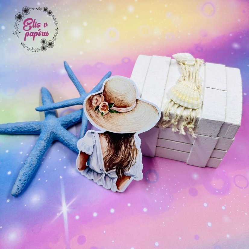 Velká kusová samolepka Dívka ve slaměném klobouku, béžová a bílá, letní styl, diářové samolepky, plánování, bujo, samolepky na scrapbook.