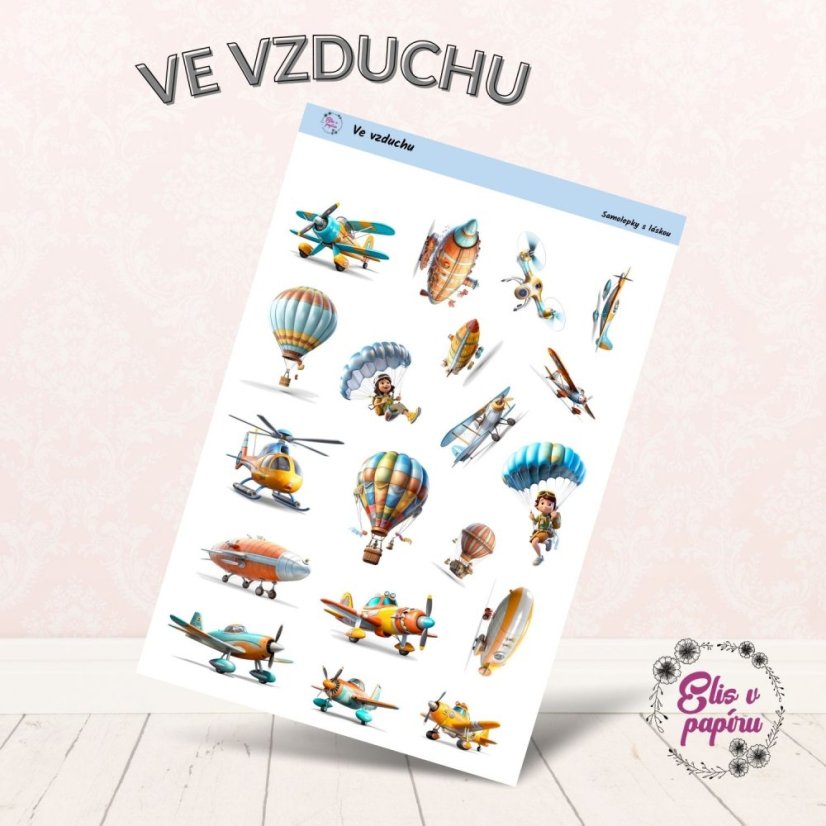 Samolepkový aršík pro děti s motivy letadel, vrtulníků, padáků a horkovzdušných balónu