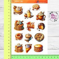 Samolepky zobrazují různé druhy dýňových dobrot – koláče, dortíky, dýňové latté, makronky a další sladké pečivo. Každý motiv vyzařuje pocit podzimního tepla a vůně čerstvých dobrot z pečení s dýní, které jsou ideální pro milovníky podzimního pečení.