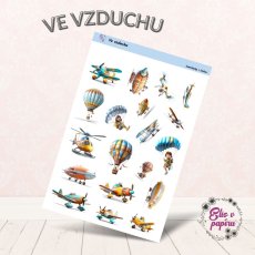 Samolepkový aršík pro děti s motivy letadel, vrtulníků, padáků a horkovzdušných balónu