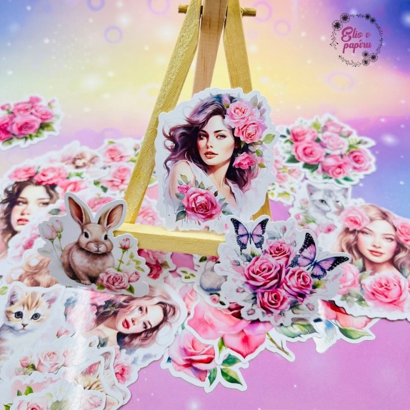 Velké kusové samolepky Růžové růže, pastelové barvy, květinový motiv, diářové samolepky, plánování, bujo, samolepky na scrapbook.