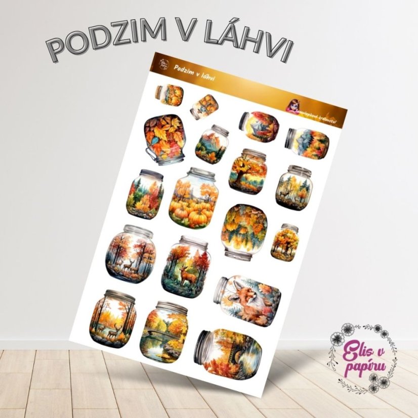 Samolepky s motivy podzimních scenérií, uzavřených v láhvích. Každá sklenice obsahuje kouzelné podzimní obrazy – od lesů plných zlatého listí až po dýně a zvířátka. Tyto samolepky jsou ideální pro podzimní plánování a dekorace, přinášejí do tvého diáře nebo zápisníku pocit tepla a útulnosti.
