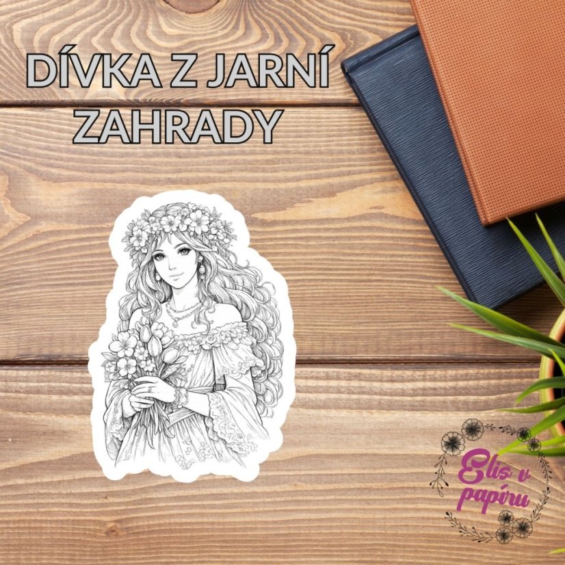 Dívka z jarní zahrady | Omalovánka | Velká vybarvovací samolepka