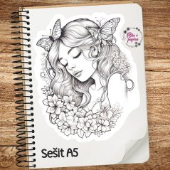 Maxi kusová samolepky na matném papíře s motivem jarní dívky s motýli ve formě omalovánky pro diáře a deníky velikosti minimálně A5.