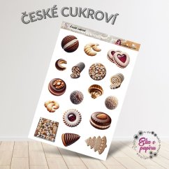 Aršík samolepek "České cukroví" s motivy tradičních vánočních dobrot, jako jsou linecká kolečka a rohlíčky, v jemných hřejivých tónech.