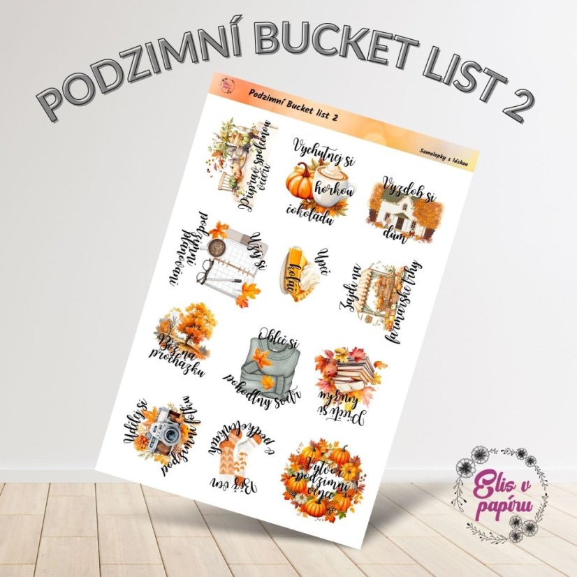Inspirativní podzimní samolepky pro vytvoření vlastního bucket listu. Perfektní doplněk pro diář, bujo nebo scrapbook, který ti pomůže užít si podzim na maximum.