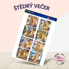 Aršík papírových samolepek zachycující vánoční obývací pokoje s osvětlenými stromečky, dekoracemi a praskajícím krbem. Aršík papírových samolepek zachycující vánoční obývací pokoje s osvětlenými stromečky, dekoracemi a praskajícím krbem.