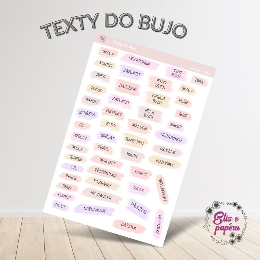 Praktické textové samolepky do bujo v jemných pastelových barvách. Skvělé pro přehledné a stylové plánování, které ti usnadní organizaci a dodají tvému bujo eleganci.