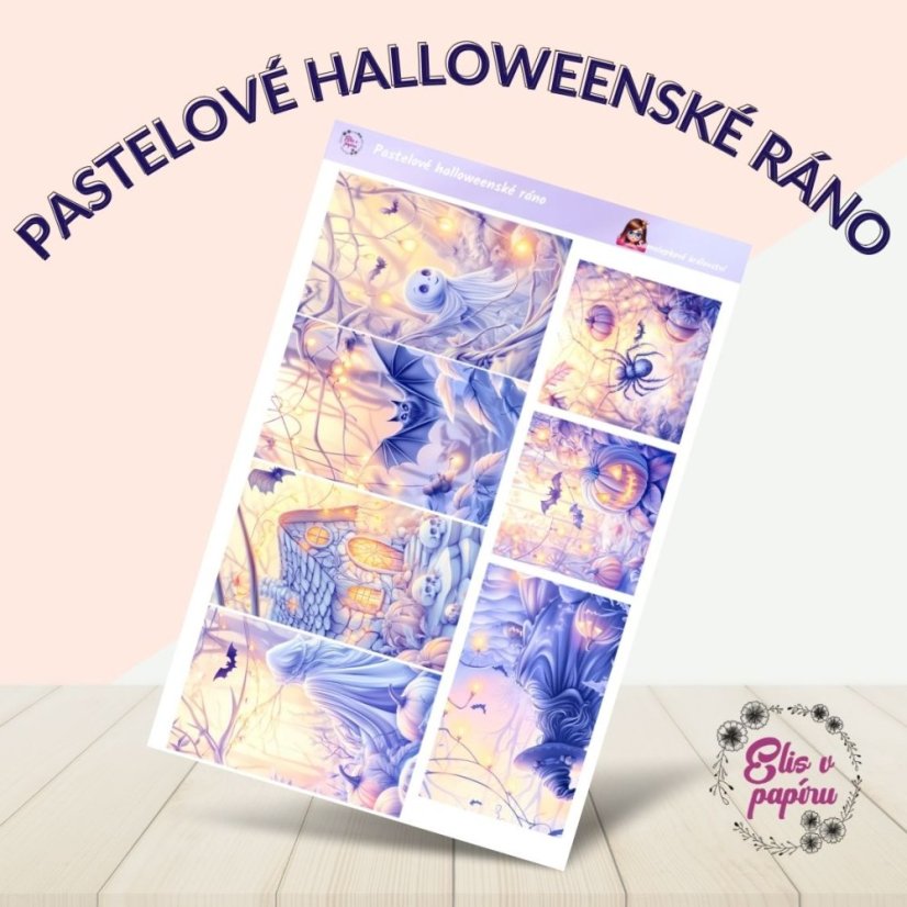 Samolepky s motivem halloweenského rána v pastelových barvách – netopýři, dýně, pavouci a strašidelné domky, které dodávají jemnou, ale tajemnou atmosféru.