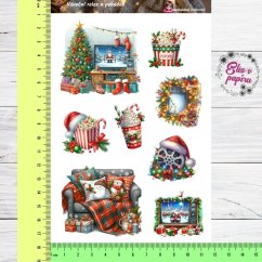 Aršík samolepek "Vánoční relax u pohádek" s motivy televize, gauče, světýlek, popcornu a horkého kakaa v klasických vánočních barvách. Aršík samolepek "Vánoční relax u pohádek" s motivy televize, gauče, světýlek, popcornu a horkého kakaa v klasických vánočních barvách.