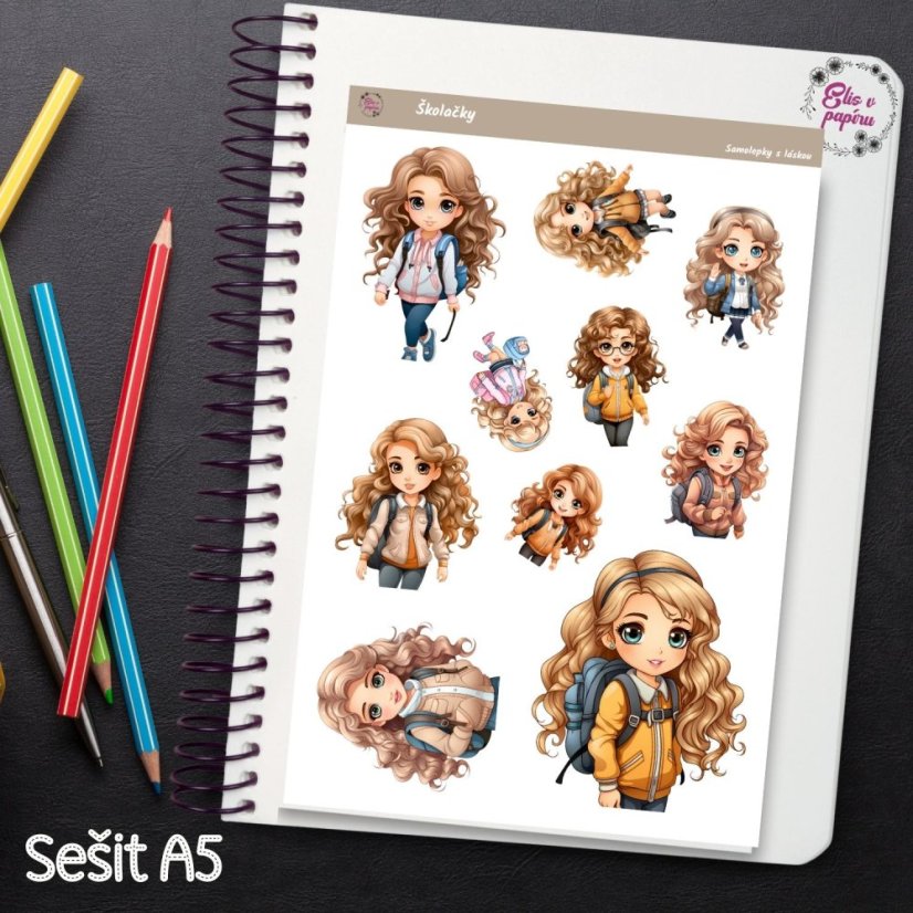 Roztomilé samolepky s postavičkami školaček. Oživí tvůj diář, bujo nebo scrapbook a přinesou do tvého plánování hravost a vzpomínky na školní léta.