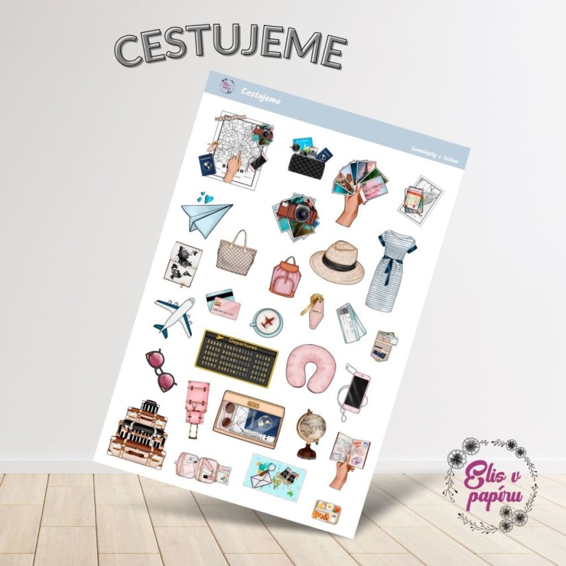 Samolepky s cestovatelskými motivy pro tvůj diář nebo scrapbook – ideální pro plánování dobrodružství.