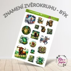  Arch samolepek s astrologickým motivem Býka – býci, smaragdy, květiny a přírodní symboly.