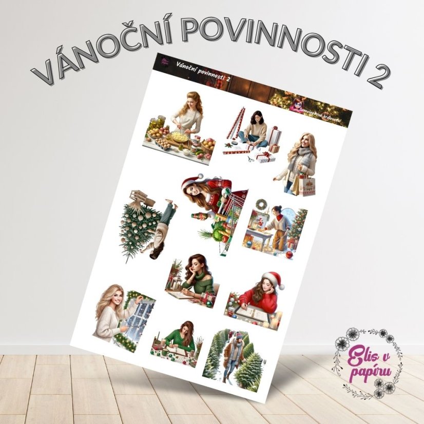 Aršík samolepek "Vánoční povinnosti 2" s motivy vánočních příprav – pečení, nákup dárků, výzdoba stromku a sváteční plánování v teplých vánočních barvách.