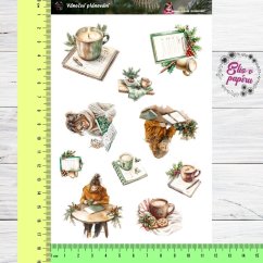 Aršík samolepek "Vánoční plánování" s motivy zápisníků, šálků čaje, vánoční zeleně a klidných momentů při organizování svátků.