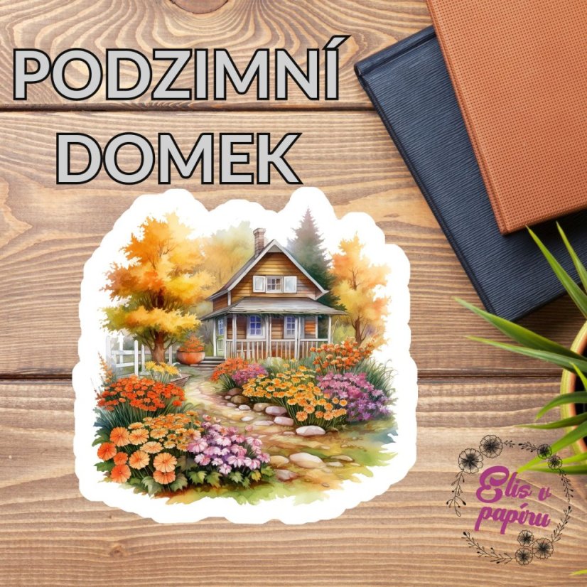 Samolepka s motivem podzimního domku obklopeného barevnými květinami. Přenese tě do klidné podzimní atmosféry a dodá tvému plánování teplo a barvy.