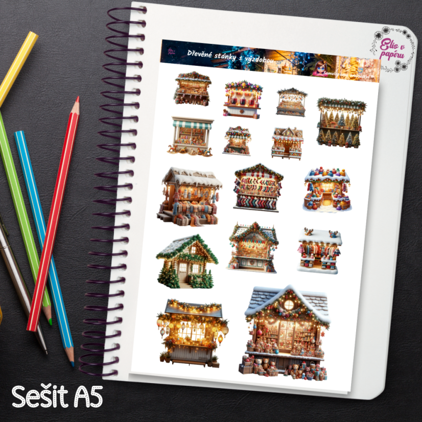 Dřevěné stánky s výzdobou | Samolepky do diáře