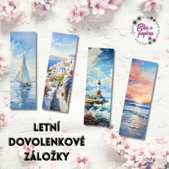 Sada 4 stylových záložek do knihy s letními dovolenkovými motivy, pastelové barvy, plachetnice, řecké domy, maják, západ slunce nad mořem, diářové záložky, plánování, bujo, záložky do knihy