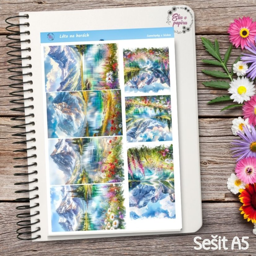 Arch samolepek "Léto na horách", pastelové barvy, horský motiv, diářové samolepky, plánování, bujo, samolepky na scrapbook