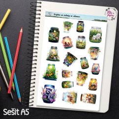 Krajina se zvířaty ve sklenici, samolepky do diáře, bujo, plánování, journaling, scrapbooking, deník, diářové samolepky, přírodní, české samolepky.