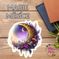 Maxi samolepka zobrazuje zlatý srpek měsíce obklopený květinami a hvězdami. V pozadí je tajemná noční obloha, která dodává samolepce magický vzhled.