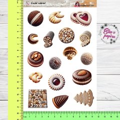 Aršík samolepek "České cukroví" s motivy tradičních vánočních dobrot, jako jsou linecká kolečka a rohlíčky, v jemných hřejivých tónech.