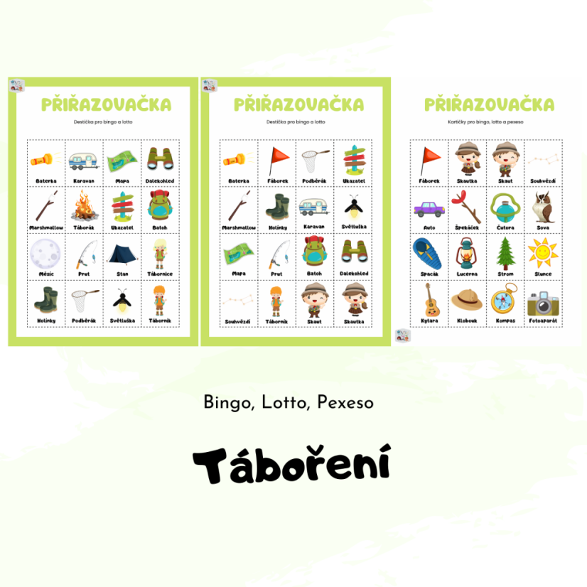 Tábornické karetní hry pro děti - bingo, lotto, pexeso