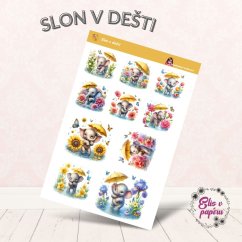 Samolepky zobrazují roztomilého sloníka s deštníkem, jak si užívá deštivý den plný květin a radosti. Barvy jsou jemné a pastelové, což dodává celému motivu hravost a roztomilost. Sloník tančí v loužích, kolem něho kvetou květiny a celé to působí jako kouzelný deštivý den.