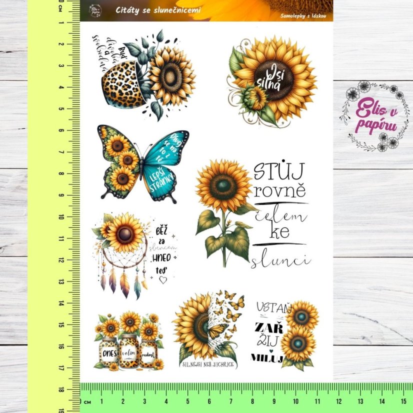 Motivační samolepky se slunečnicemi a citáty pro tvůj diář nebo scrapbook. Přines si kousek slunce do plánování.