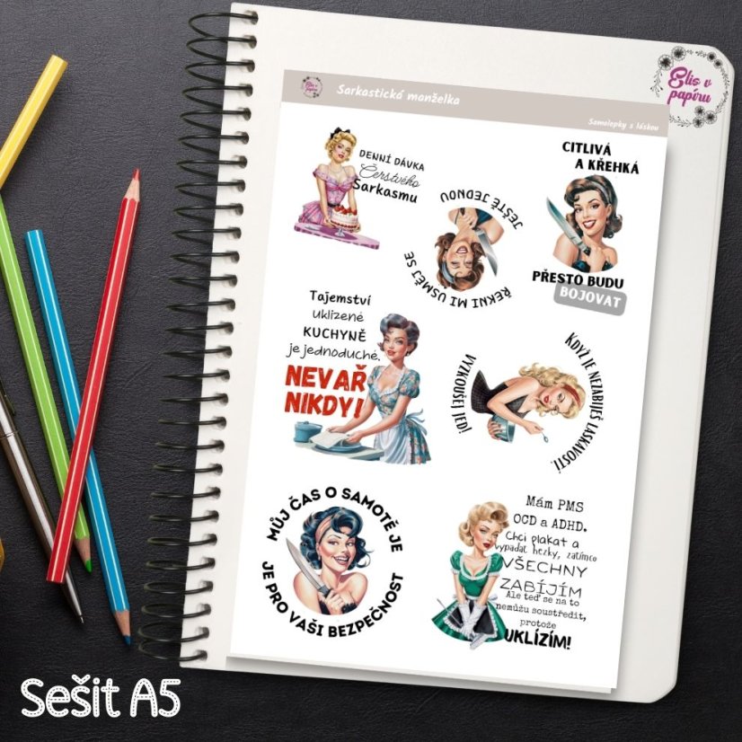 Sarkastická manželka, vtipné samolepky, samolepky do diáře, bujo, plánování, journaling, deník, scrapbook, české samolepky, diářové samolepky, humor a zábava.