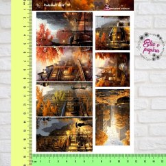 Samolepky zobrazují různé podzimní scény po dešti: město s vlhkými ulicemi, zlaté listí na chodnících a atmosféru klidu po kapkách deště. Barvy jsou teplé, zemitě podzimní s důrazem na zlaté a hnědé odstíny, doplněné tmavě šedou a modrou, která připomíná deštivé odpoledne.