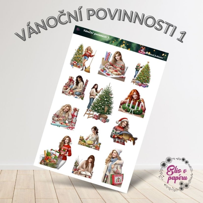 Aršík samolepek "Vánoční povinnosti 1" s motivy tradičních vánočních příprav – pečení, výzdoba stromku, balení dárků a nákupy v teplých vánočních barvách.