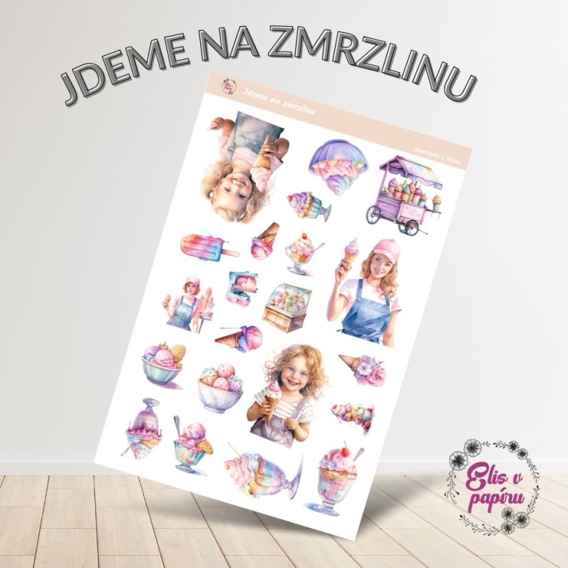 Samolepky Jdeme na zmrzlinu s pastelovými a živými barvami, zobrazující zmrzlinové poháry, nanuky, zmrzlinové stánky, letní módu a děti se zmrzlinou.