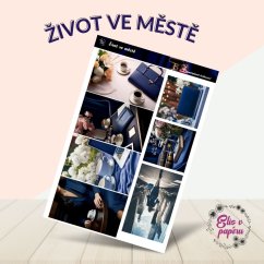 Samolepky zobrazují různé momenty městského života: elegantní kávové šálky, stylové kabelky, knihy, květiny a moderní městské scenérie. Barevná paleta dominuje tlumenými, elegantními tóny modré, růžové a bílé, což vytváří sofistikovaný dojem. Jednotlivé obrázky jsou jemně propleteny detaily každodenních věcí, které dělají městský život tak výjimečným.