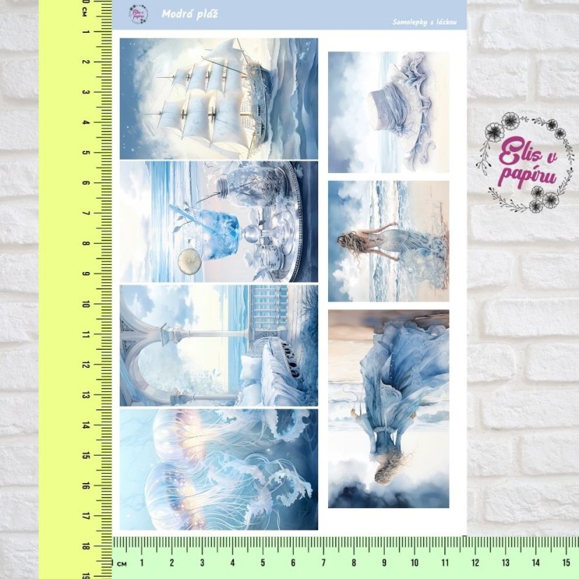Arch samolepek "Modrá pláž", modré a bílé tóny, plážové motivy, diářové samolepky, plánování, bujo, samolepky na scrapbook.
