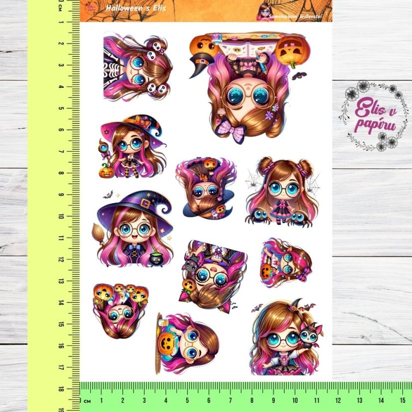 Samolepky zobrazují hravé a roztomilé Halloweenské motivy, jako jsou čarodějnice s růžovými vlasy, strašidla, netopýři a dýně. Každý motiv je barevný a veselý, přináší do Halloweenu lehkost a zábavný prvek.