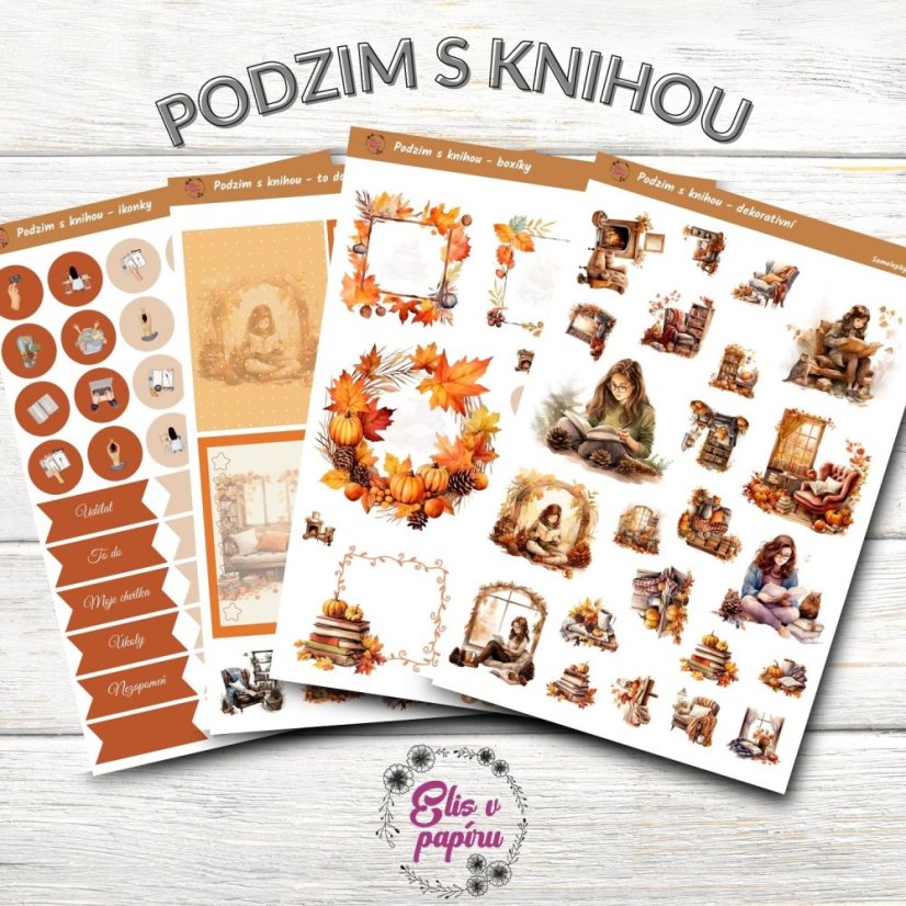 Samolepky do diáře od Elis v papíru s motivem podzimu a knížek - samolepkový kit