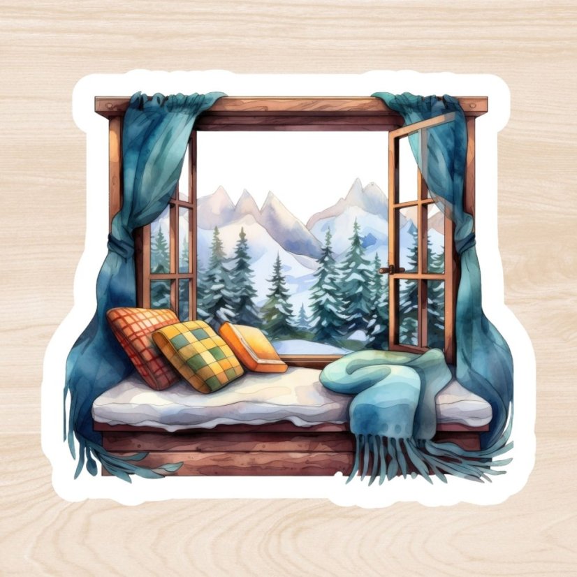 Okno s výhledem na zasněžené hory | Samolepka do diáře