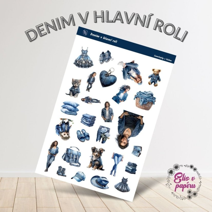 Stylové módní samolepky plné džínů, denimu a dívek od Elis v papíru.