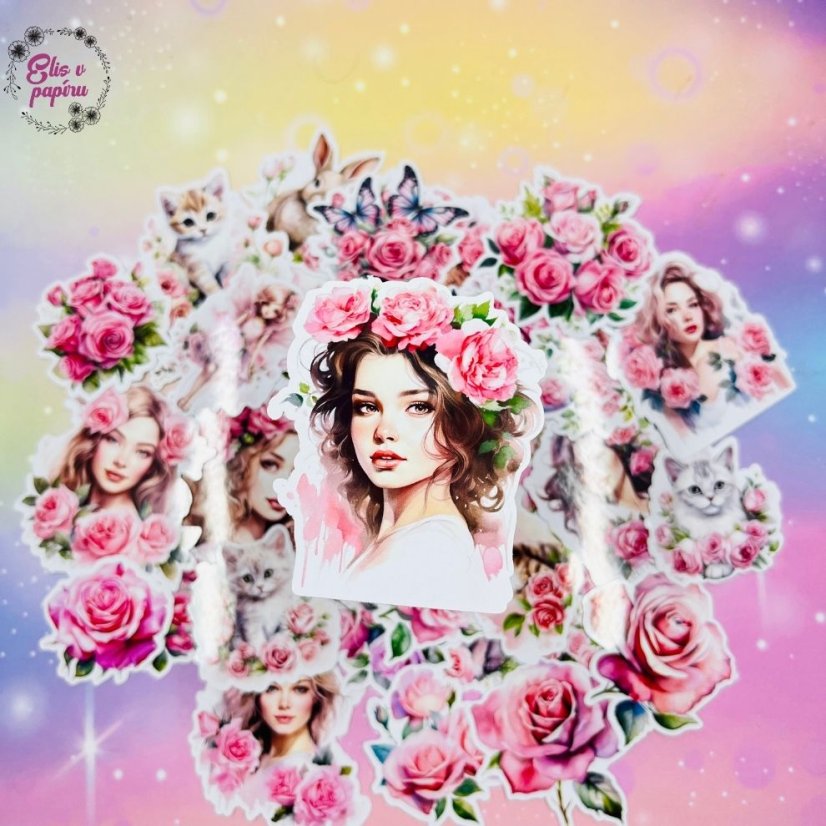 Velké kusové samolepky Růžové růže, pastelové barvy, květinový motiv, diářové samolepky, plánování, bujo, samolepky na scrapbook.